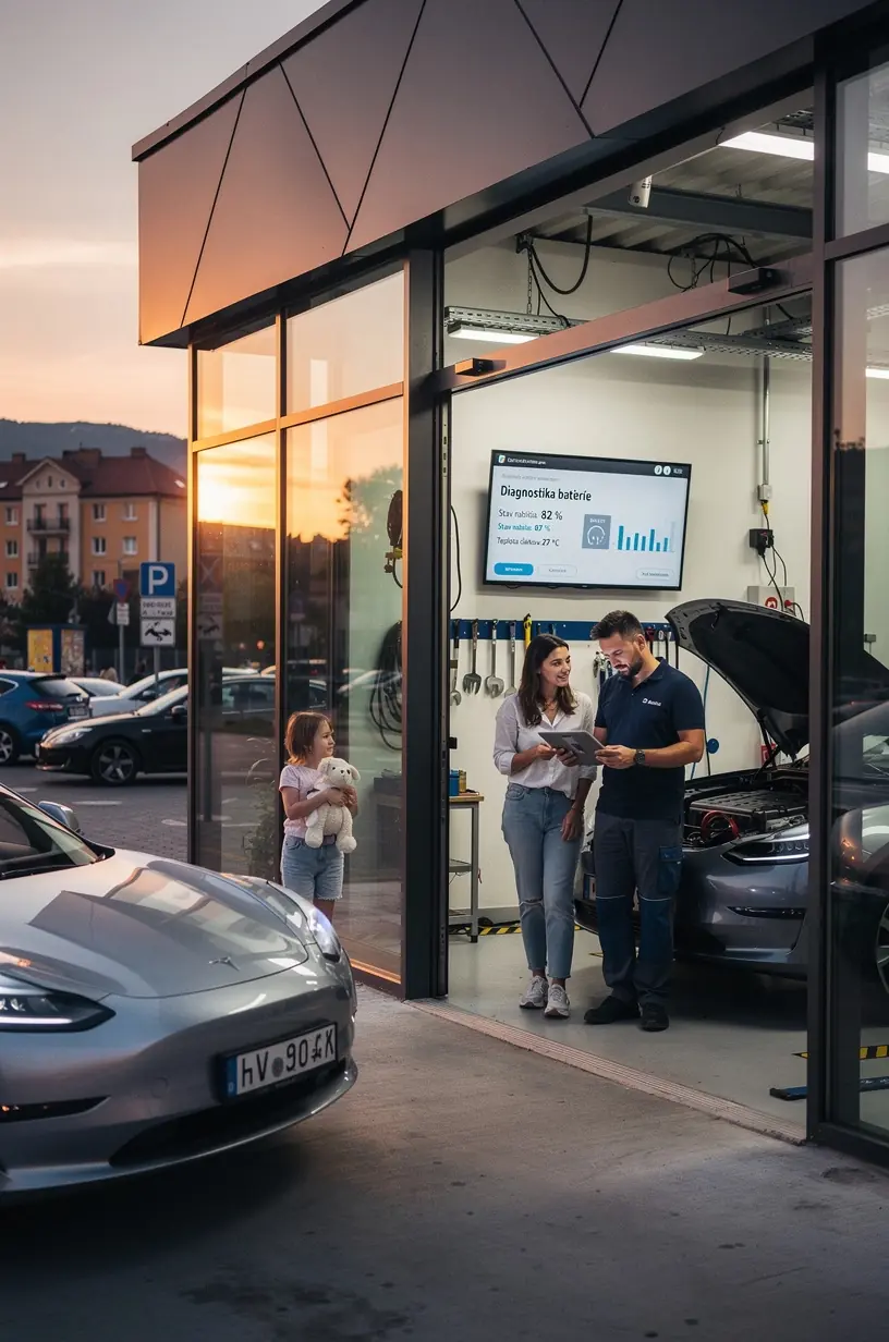 Detailná snímka batériového modulu hybridného vozidla počas kontroly stavu a výkonu.